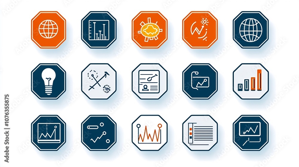 Poster Set of 15 minimalist vector style icons representing modern business concepts such as analytics target project management  Designed in a clean linear style to convey technology data analysis planning