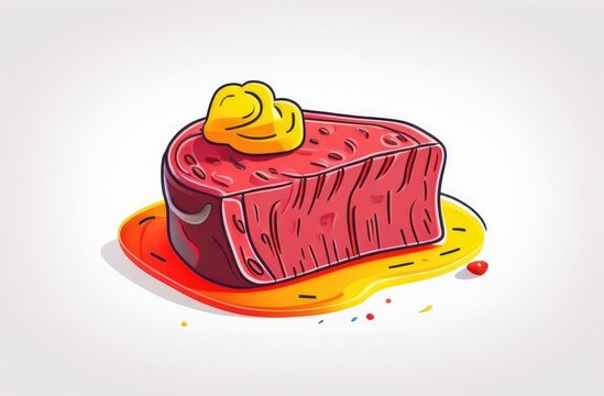 piece of steak on a plate. Cartoon illustration.