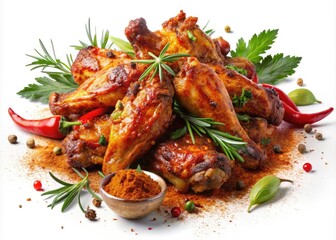 Double Exposure Photography of Tasty and Spicy Chicken Wings Isolated on White Background with Flavorful Ingredients and Spices, Perfect for Food Blogs and Culinary Promotions