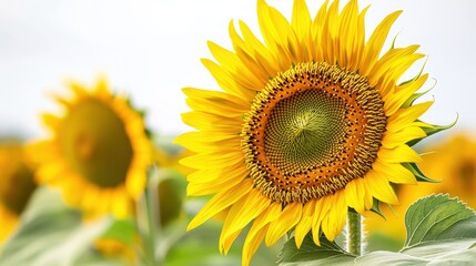Obraz premium A vibrant sunflower stands tall, showcasing its bright yellow petals and textured center against a soft background.