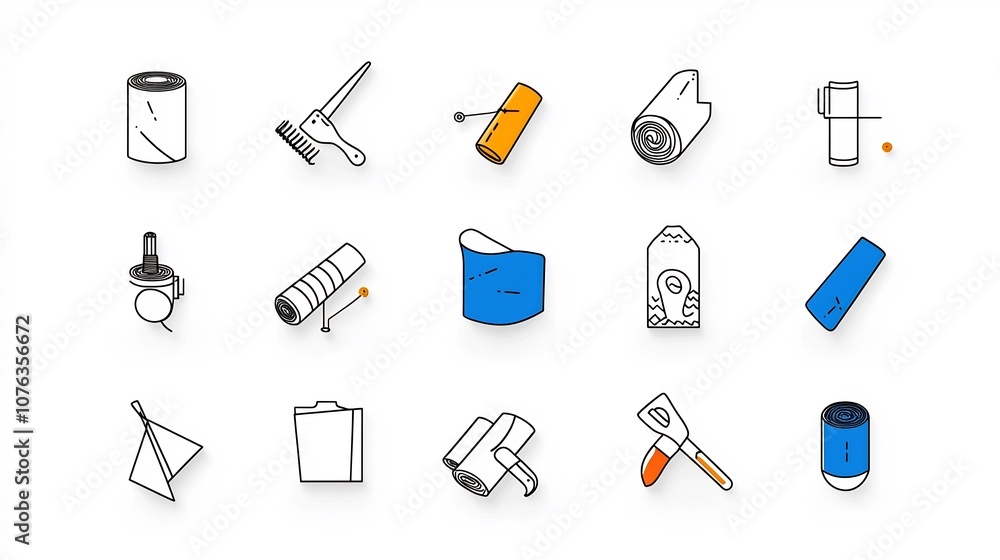 Poster collection of 15 fabric feature icons in a clean outline style showcasing attributes like elasticity