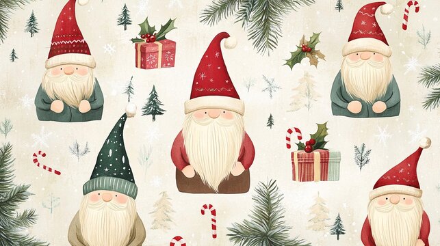 Carta regalo natalizia con gnomi su uno sfondo di pini innevati, fiocchi di neve che cadono dolcemente,  con piccoli regali incartati e bastoncini di zucchero colorati