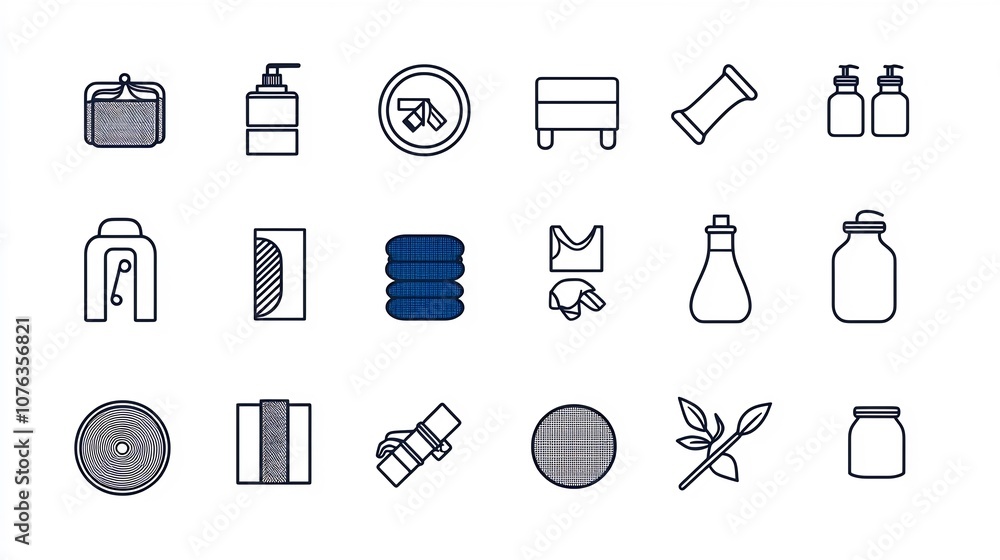 Poster comprehensive set of 15 outline icons representing various textile properties including breathabilit