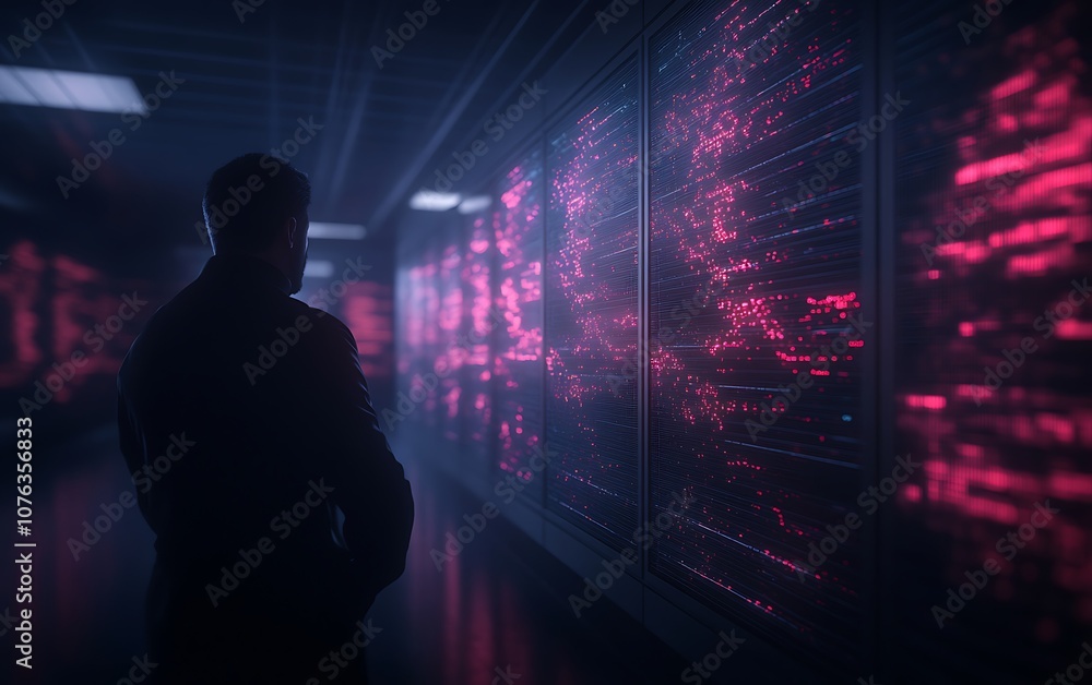 Poster a silhouette of a person stands before glowing data displays in a dimly lit, high-tech environment, 