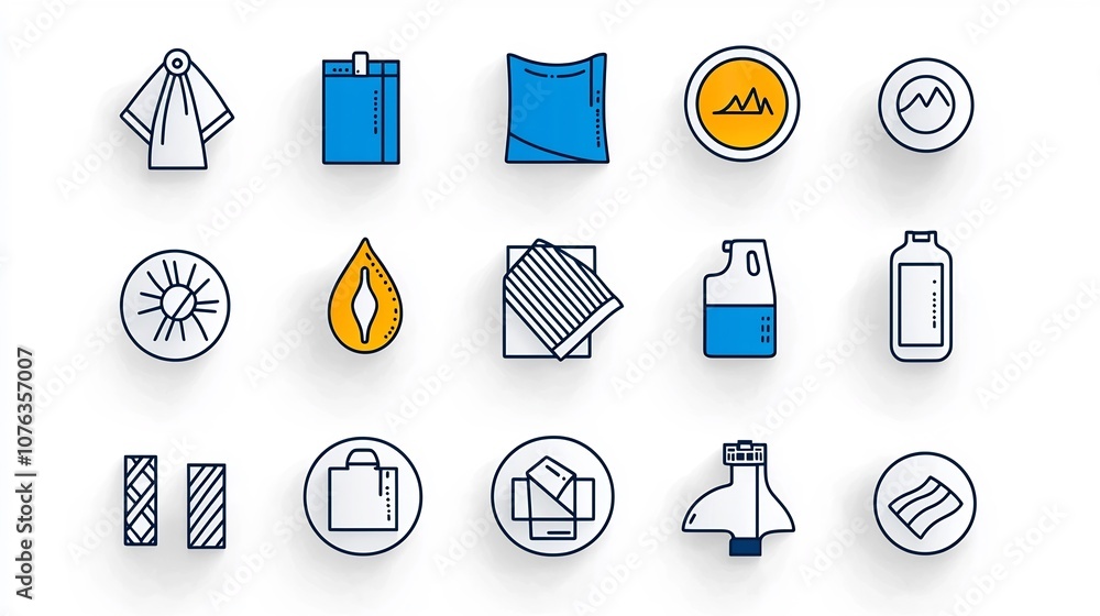 Poster set of 15 linear minimalist icons representing various fabric attributes and properties such as wate