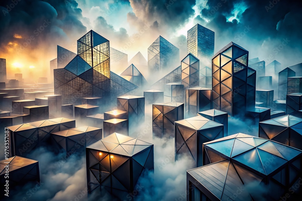 Aufkleber abstract geometric structures emerging from a misty base, capturing a dramatic atmosphere with low l