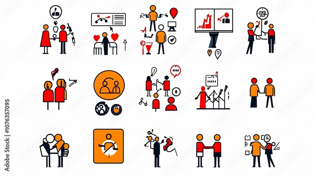 Poster Minimalist icon set illustrating various human interactions group participation organizational dynamics and collaborative processes  Thin line design suitable for digital interfaces infographics