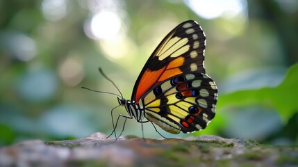 Obraz premium A vibrant monarch butterfly perched on a branch, showcasing its striking orange and black wings, surrounded by lush greenery, highlighting nature's beauty.
