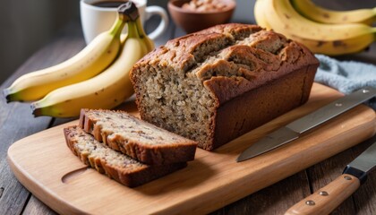 banana bread slices on a wooden cutting board, cozy breakfast setup