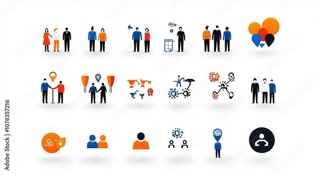 Aufkleber Set of minimalistic icons representing various aspects of organization and group dynamics including participants teams and community members