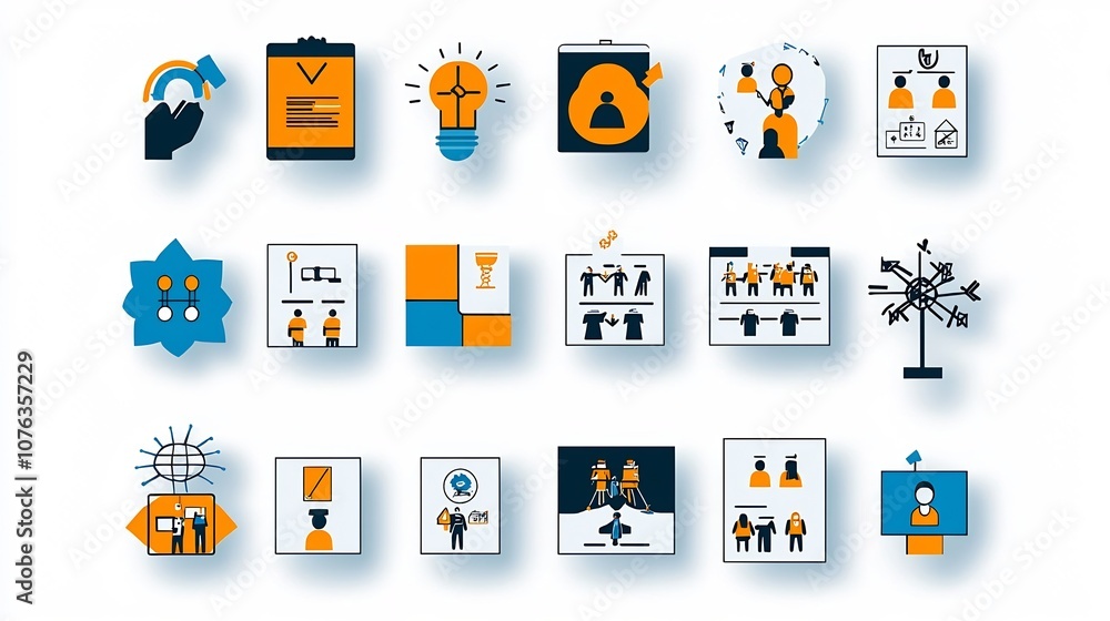 Leinwandbilder Minimalistic icon set depicting various aspects of organization group dynamics and community membership  The icons represent participants teams and community members