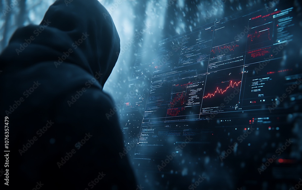 Poster a cloaked figure faces a glowing digital display in a dark, forested environment, evoking themes of 