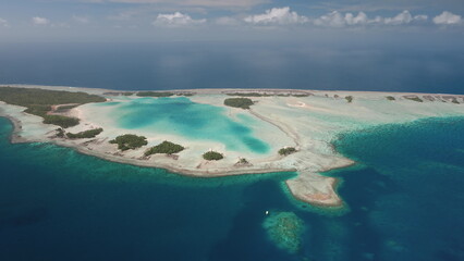 Aerial view of Rangiroa, largest atoll in Tuamotus archipelago, French Polynesia, showcasing...