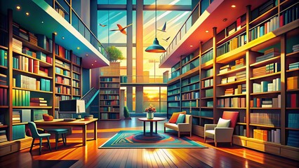 Abstract Library Concept with Books and Reading Spaces - A Harmonious Artistic Display for Creative Inspiration and Imaginative Learning Environments