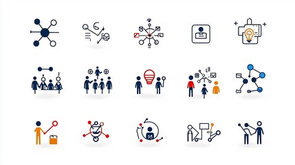 A set of minimalist icons depicting symbols for organization group membership team activities community involvement and population data visualization