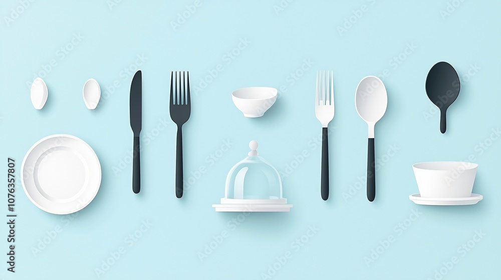 Poster Set of simple icons featuring essential cutlery items like forks spoons and knives along with a plate and cloche designed for catering restaurant and dining service applications