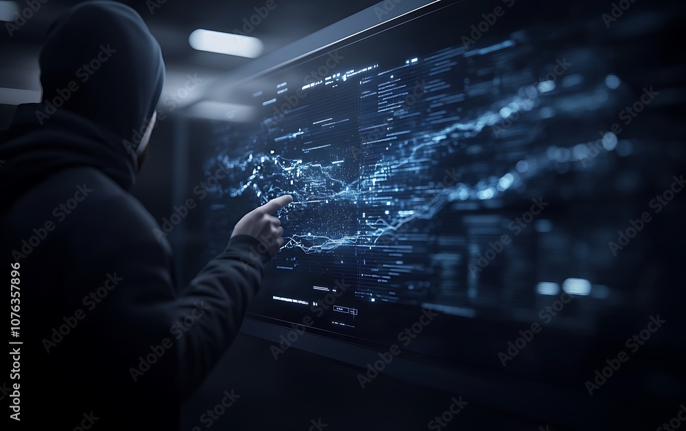 Aufkleber A figure in a hood interacts with a glowing, high-tech interface, visualizing data streams in a dark, futuristic environment.