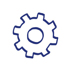 Gear sketch. Hand drawn vector illustration. Blue pen or marker drawing. Primitive kids picture