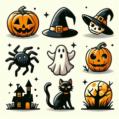 Halloween Cartoon Icons – Pumpkin, Ghost, and Witchy Vibes