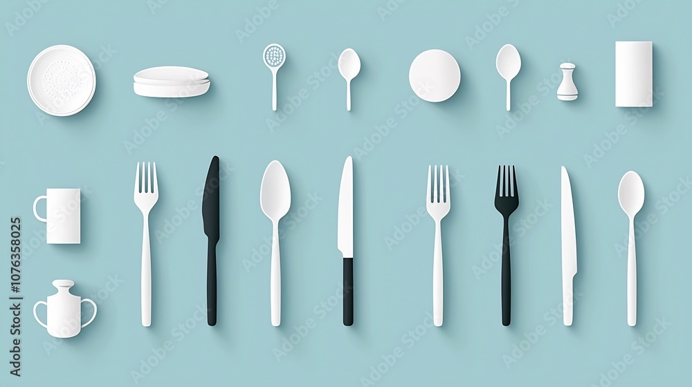 Leinwandbilder Collection of minimalistic icons depicting essential tableware items such as fork knife spoon and dining table setup designed for use in restaurant cafe and catering service branding menus