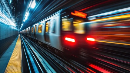 Fototapeta premium Subway Train in Motion, Blurry Lights, and Speed