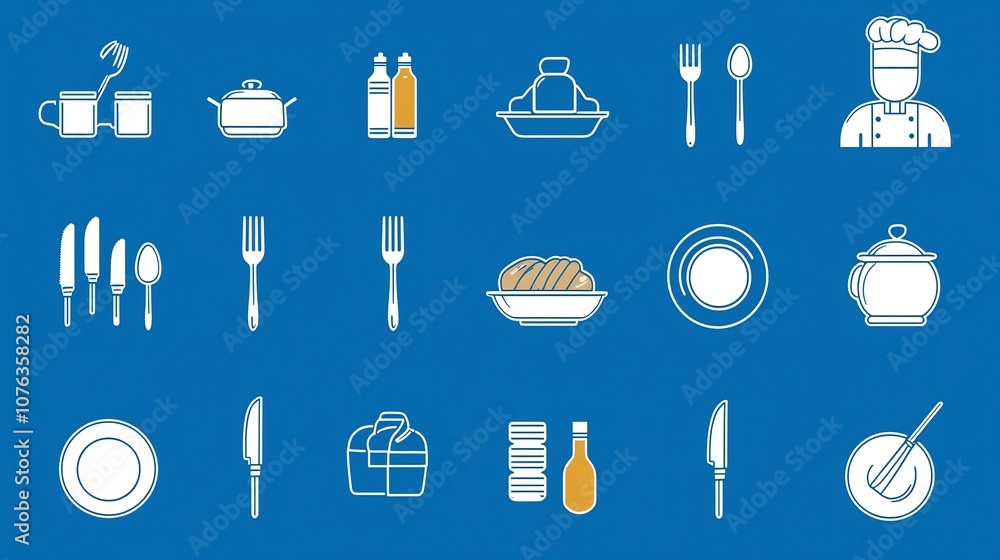 Poster set of icons representing catering service elements including waiter figure plate fork knife spoon a