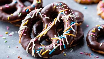 chocolate-covered pretzels with sprinkles, close-up with blurred background