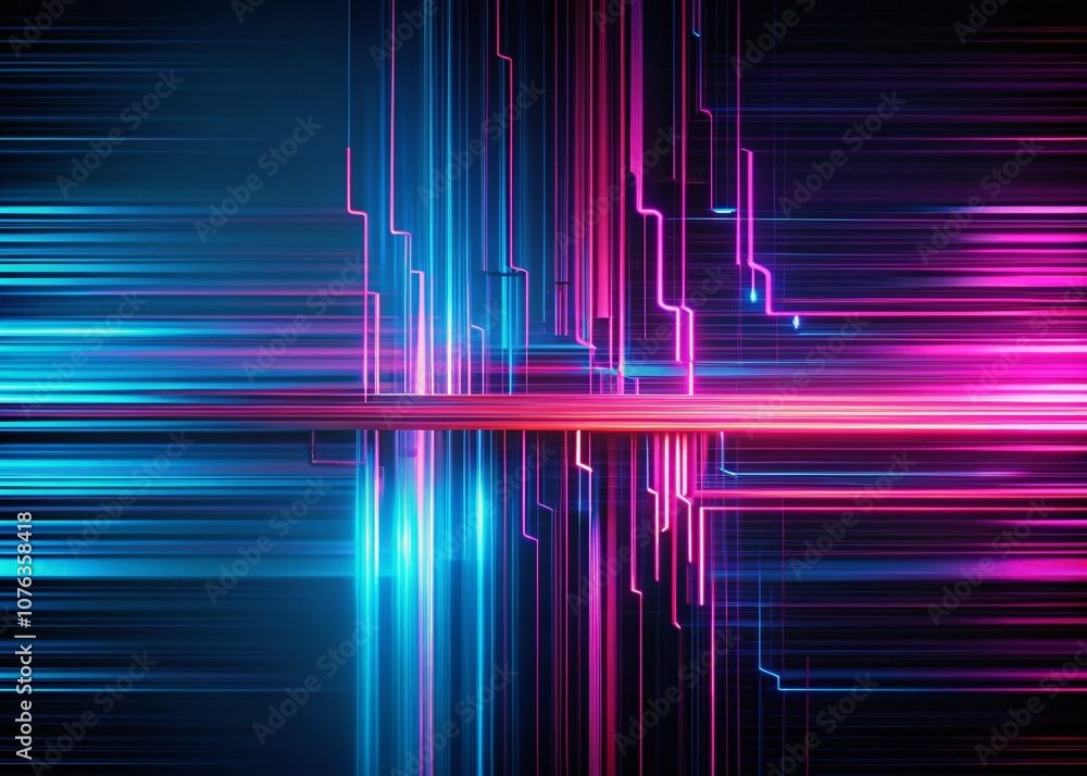 Poster abstract pink and blue lines intertwined on dark background with digital glitch effect creating dist