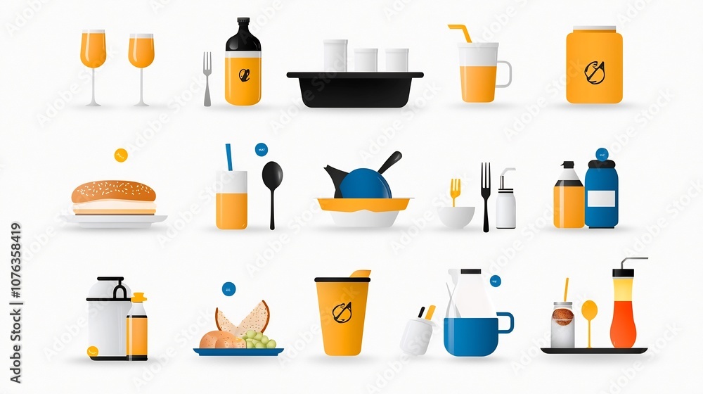 Poster minimal icon set depicting essential elements for food service industry including tray beverages cut