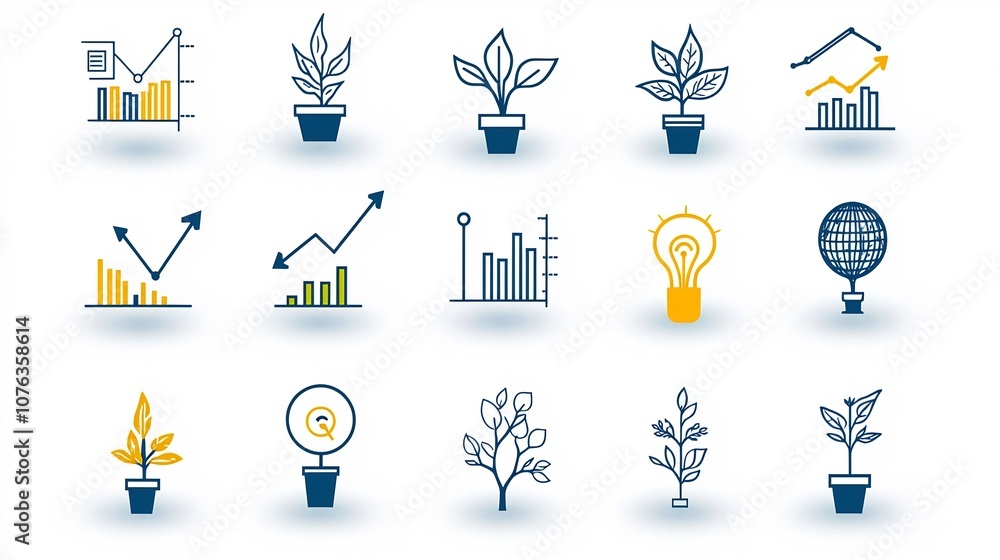 Poster Set of 15 outline icons representing various growth concepts including upward arrows bar graphs and plant symbols showcased in a clean with editable stroke features