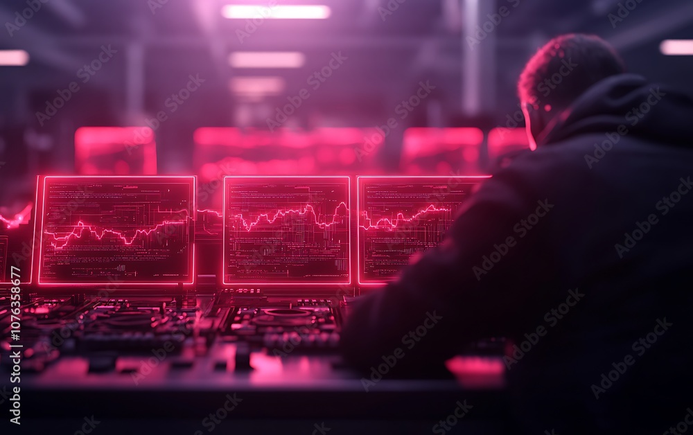 Fototapete A figure monitors glowing screens displaying data visualizations in a dimly lit room, creating a futuristic and intense atmosphere.