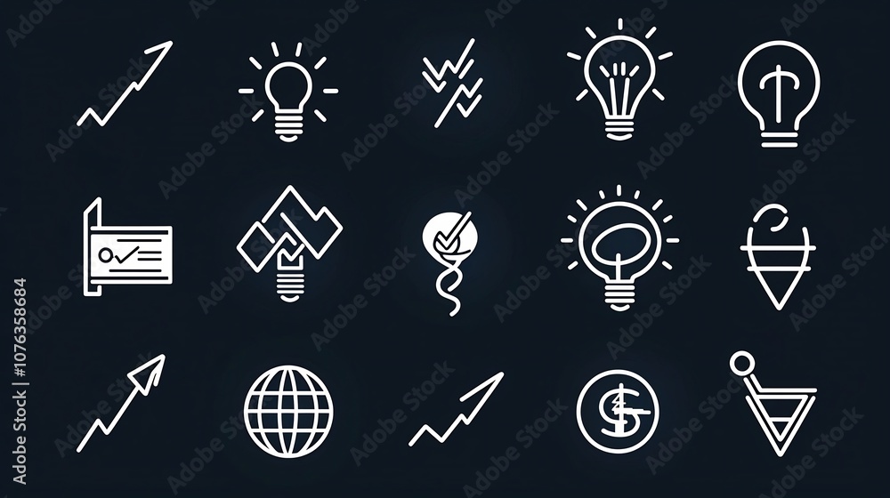 Poster Comprehensive set of 15 minimalist icons representing various growth profit and achievement concepts for use in business finance and strategy related designs and visualizations