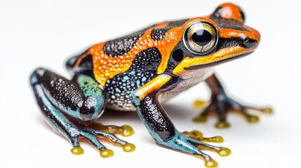 A colorful frog featuring bright orange and blue patterns on its skin, sitting against a white background.