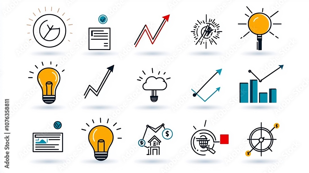 Poster comprehensive set of 15 growth focused outline icons showcasing various milestones upward trending p