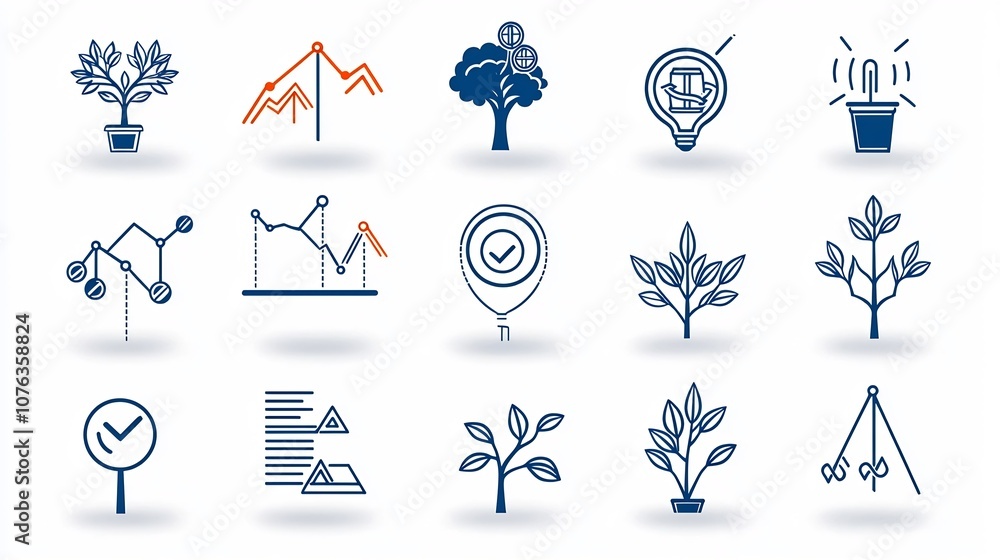 Aufkleber Minimalist set of 15 linear icons showing various growth indicators such as target goals expanding branches and improvement symbols for business development and progress concepts