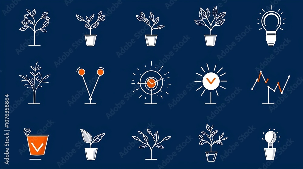 Aufkleber Clean of a Collection of 15 Linear Icons Showing Growth Indicators like Target Goals Expanding Branches and Improvement Symbols for Business Analytics Infographic Designs and Software User Interfaces