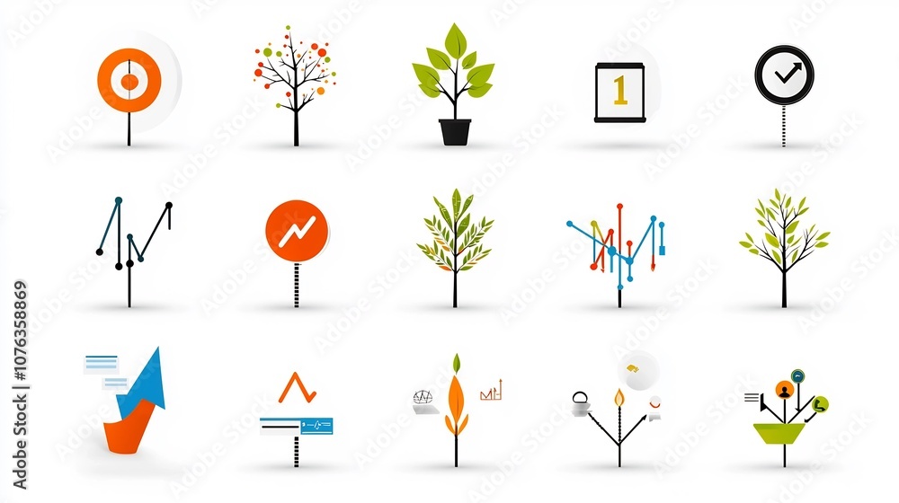 Poster collection of 15 linear icons showcasing various growth indicators such as target goals expanding br