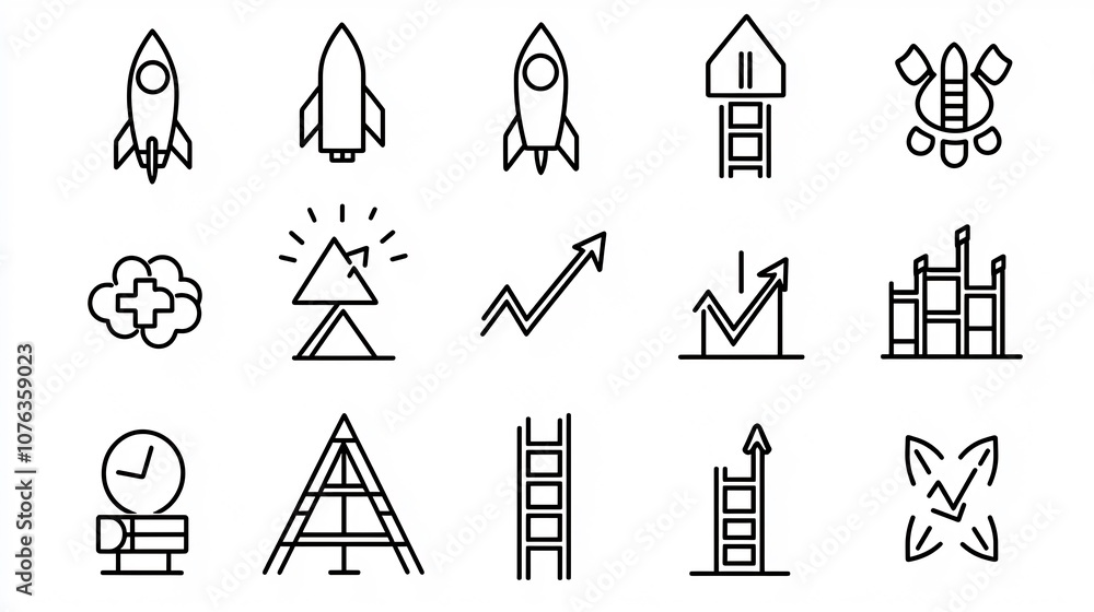 Fototapete Outline Icon Set Representing Growth and Development Concepts with Rocket Ladder Steps and Progress Bar Symbols in Clean Style with Editable Strokes