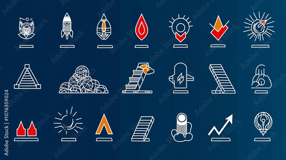Aufkleber Set of 15 outline icons representing the concept of growth development and progress  Includes icons such as a rocket ladder steps and progress bars in a clean
