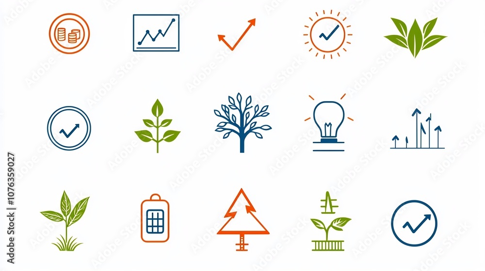 Poster Clean and minimalist featuring a collection of 15 linear icons that represent various growth indicators target goals expanding branches and improvement symbols  Suitable for business finance