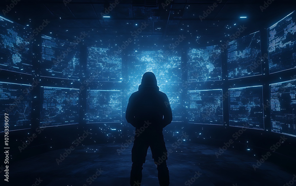Poster a silhouette stands in a high-tech room filled with glowing screens, creating a futuristic and myste
