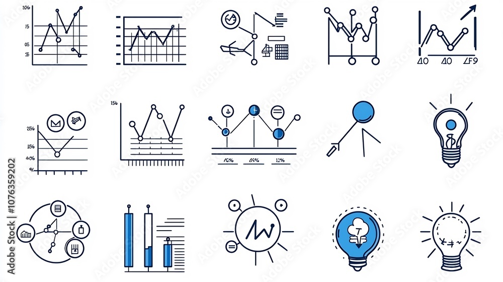 Aufkleber Set of 15 thin line icons representing growth metrics productivity symbols and success markers  These minimalist graphics are ideal for business infographics financial reports marketing dashboards