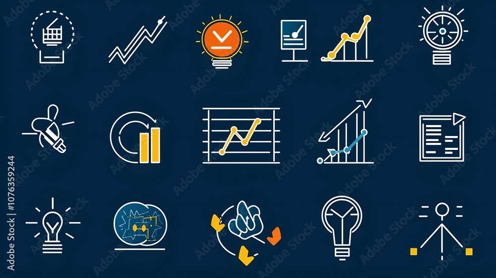 Poster Set of 15 thin line icons for tracking growth metrics analytics and success markers  Includes charts graphs financial symbols and productivity visualizations in a