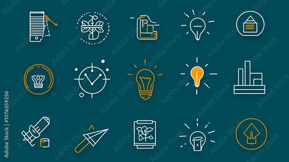Poster collection of 15 growth icons in outline style focusing on career progression achievement and goal t