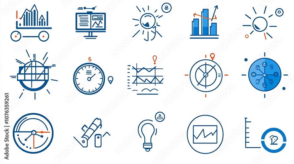 Poster Set of 15 thin line icons for growth metrics featuring charts productivity symbols and success markers vector