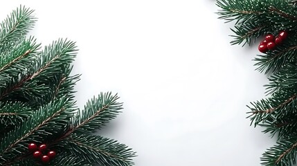 Green Pine Branches with Red Berries on a White Background
