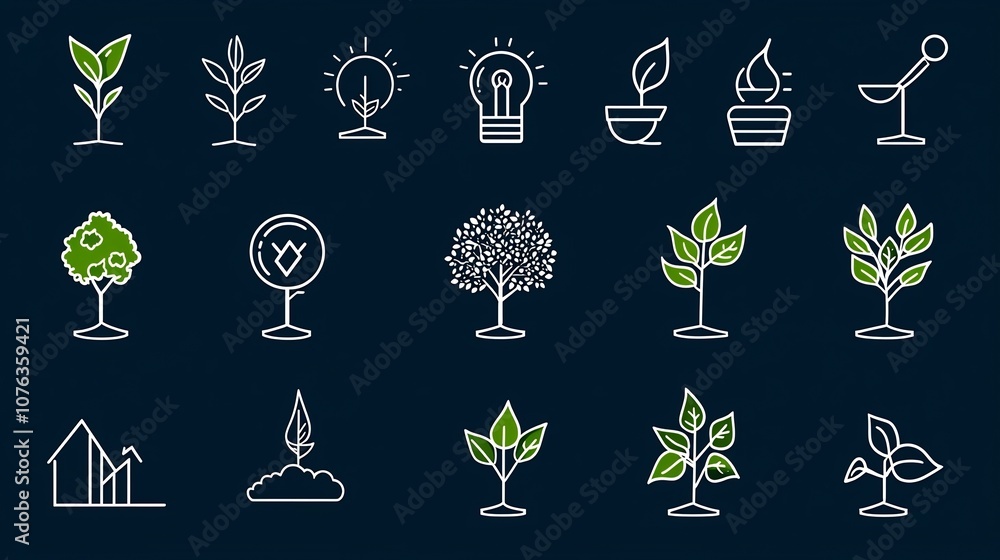 Poster A set of 15 linear icons illustrating the dynamics of growth featuring elements that symbolize positive change tree growth and productivity in a simple style
