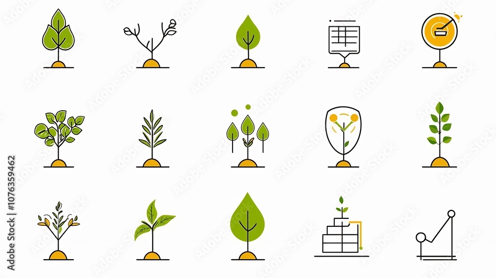 Poster Set of 15 minimalist linear icons illustrating the dynamics of growth productivity and positive change  Simple with abstract design elements for business finance and development concepts