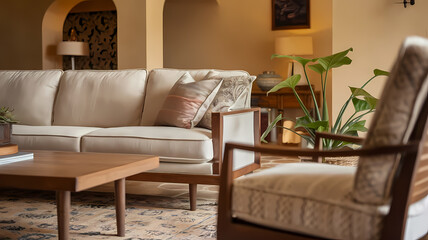 Cozy living room with a beige sofa, accent pillows, wooden coffee table, and a stylish armchair, surrounded by potted plants and warm lighting, creating an inviting atmosphere.