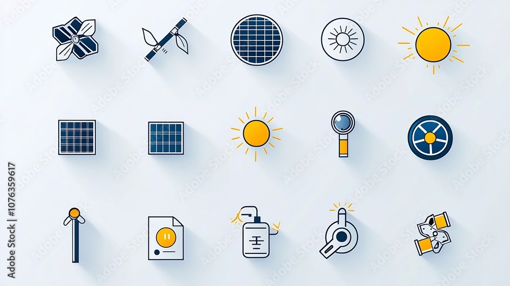 Aufkleber Comprehensive Collection of 15 Clean Linear Icons Representing Various Elements of Solar Energy Systems Including Renewable Energy Symbols Sunlight and Efficiency Concepts